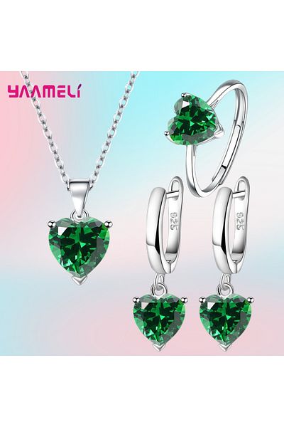 Choice Green Fine 925 Sterling Silver Color Jewelry Gift Sets for Women Female Romantic Heart Zircon Huggie