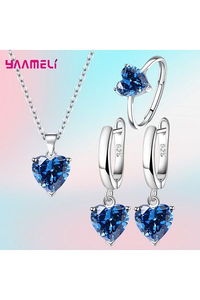 Choice Blue Fine 925 Sterling Silver Color Jewelry Gift Sets for Women Female Romantic Heart Zircon Huggie