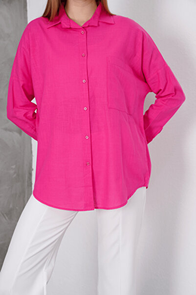 Paw Garage Women's London Linen Single Pocket Oversize Shirt, Premium Quality Linen Shirt