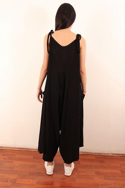 OLEA MODA Black Wrap Shalwar Jumpsuit with Shoulder Tie Pockets