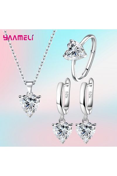 Choice White Fine 925 Sterling Silver Color Jewelry Gift Sets for Women Female Romantic Heart Zircon Huggie