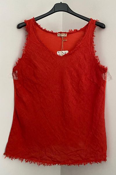 AYASOFYA OTANTIK Women's Italian Red Dirty Stitching Strap Pure Linen Blouse
