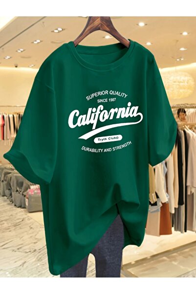 AZIZI TEKSTIL Women's Loose Fit Green California Print T-Shirt - 100% Cotton,