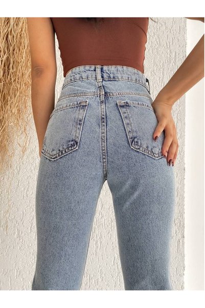 SHEVEGA Buz Mavi Yüksek Bel Boyfriend Mom Jean Kot Pantolon