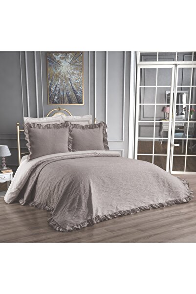 white rabbit home Lady-Bej Çift Kişilik Fırfırlı %100 Pamuk Yatak Örtüsü Takımı