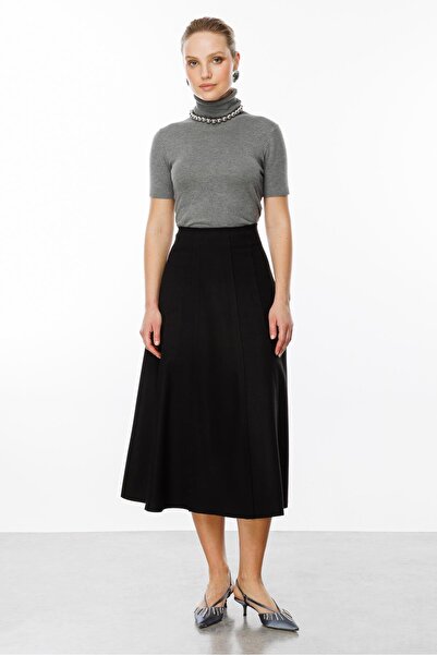 accort Yüksek Bel Uzun Kloş Etek-SİYAH