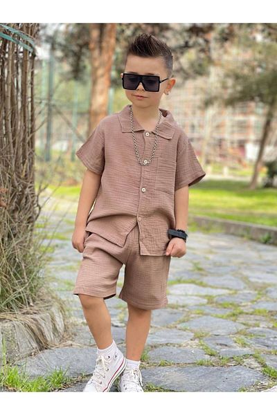 Wolf One Boy's Muslin Fabric Shirt Shorts Combination Suit