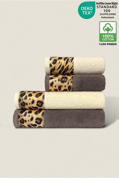 Ellaline Σετ πετσετών μπάνιου Leopard 100% βαμβάκι πιστοποιημένο, 4 τεμάχια, 50x90 - 70x140cm Πετσέτα με σχέδιο Κρέμα καφέ