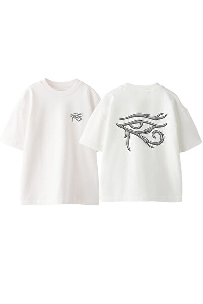 Anetos Ra Eyes Design Бяла памучна тениска с голям размер и печат на гърба
