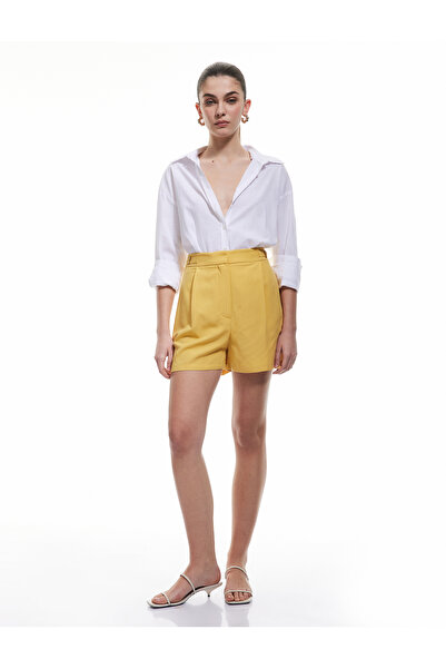 Koton Metal Aksesuarlı Cepli Viskon Keten Karışımlı Mini Yüksek Bel Şort