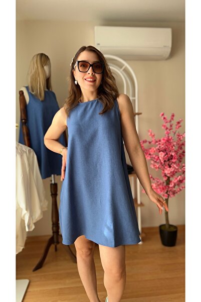 Fidan Kadın Viskon Yazlık Elbise Kolsuz Mavi(90CM UZUNLUKTA)