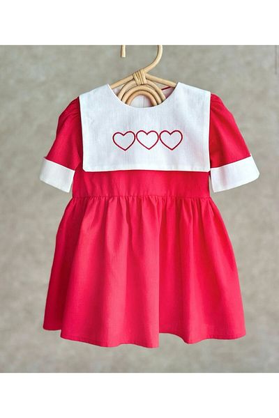babymoon kids Girl Dress Red Linen Heart-Shaped Rectangular Neckline 23 April Wedding Engagement Feast