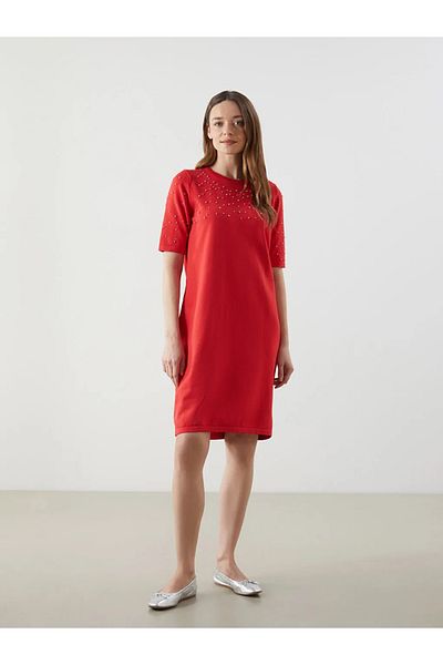 LC Waikiki Lcwaikiki Classic Red Crew Neck Beaded Embroidered Knitwear Dress