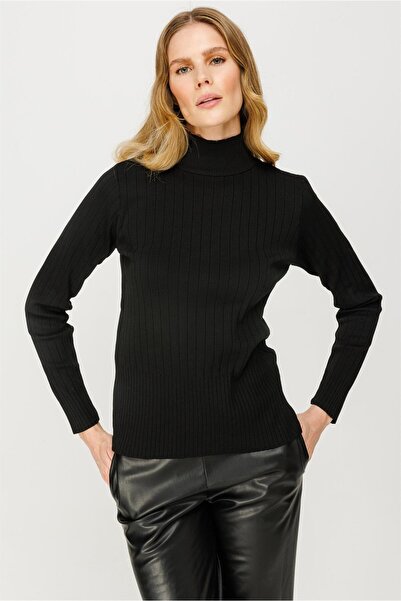 accort Yarım Balıkçı Fitilli Basic Triko Kazak-SİYAH