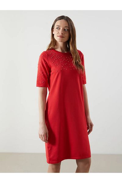 LC Waikiki Lcwaikiki Classic Red Crew Neck Beaded Embroidered Knitwear Dress