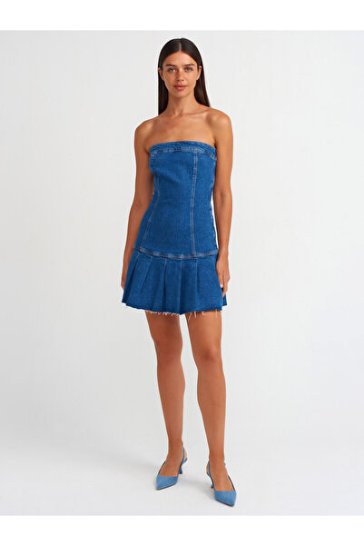 FASHION COCKTAIL Eteği Pileli Dalgalı Hacimli Saran Yan Fermuarlı Straples Kolsuz Denim Kot Elbise