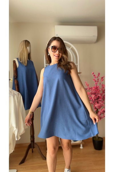Fidan Kadın Viskon Yazlık Elbise Kolsuz Mavi(90CM UZUNLUKTA)