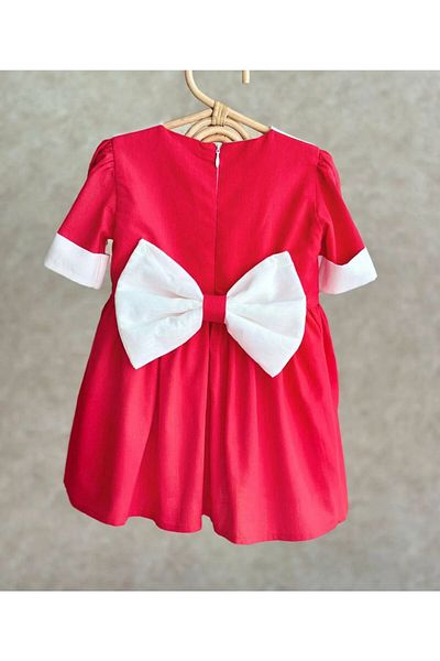 babymoon kids Girl Dress Red Linen Heart-Shaped Rectangular Neckline 23 April Wedding Engagement Feast