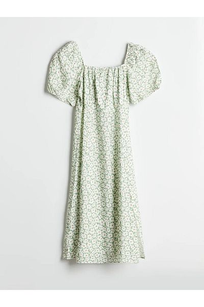 LC Waikiki Lcw Comfort Green Square Neck Floral Balloon Sleeve Dress for Women