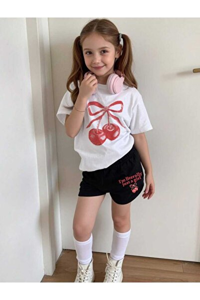 VESTIR BIEN Детски комплект от блуза и панталон с принт на череши, 100% памук