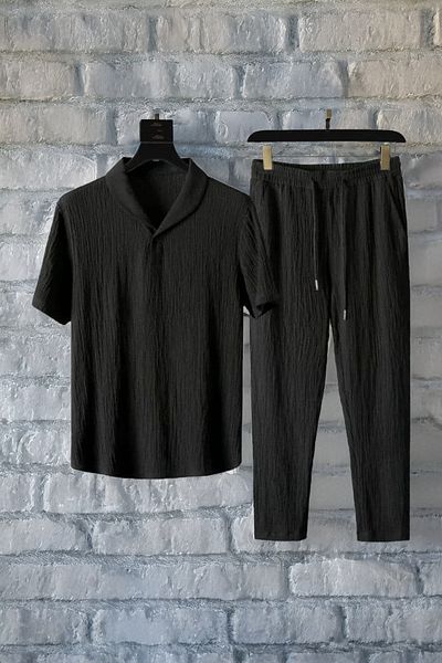 EVIus Unisex Summer Lycra Crinkle Fabric - Short Sleeve T-Shirt and Sweatpants Set