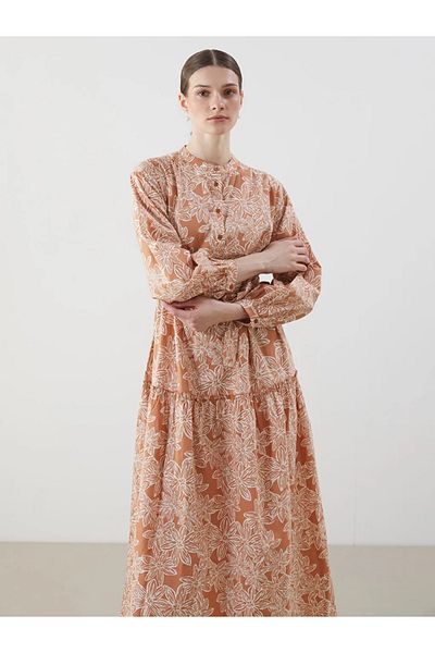 LC Waikiki Lcw Modest Brown Prevailing Collar Print Women's Dress