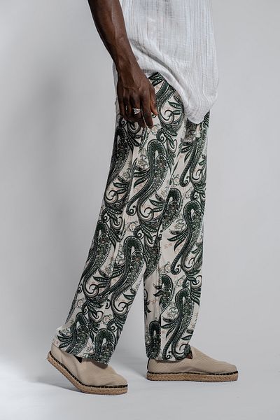 Morfine Men's Wide Leg Elastic Patterned Khaki Baggy Trousers