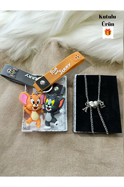 GLANZEND 2'li Mıknatıslı Harfli Çift Kolye Ve Tom Ve Jerry Sevgili Anahtarlık