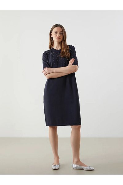 LC Waikiki Lcwaikiki Classic Navy Blue Crew Neck Beaded Embroidered Knitwear Dress
