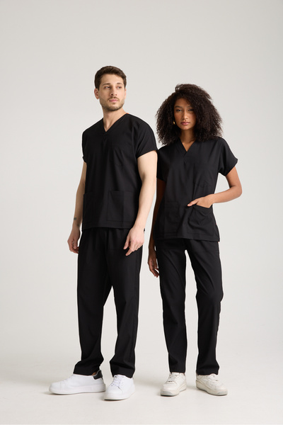 PandaForma Uniforme unisex negre bumbac 100% piese cu mâneci liliac pentru as...