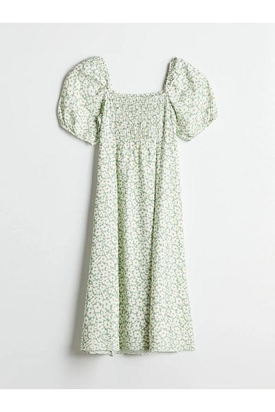 LC Waikiki Lcw Comfort Green Square Neck Floral Balloon Sleeve Dress for Women