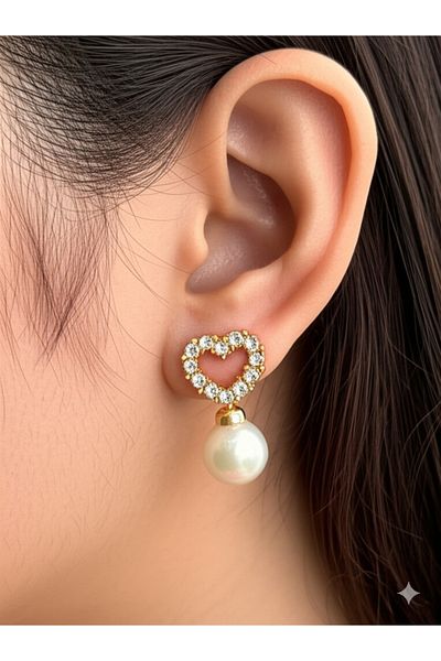 Miyoste Women's Pearl Gold Color Stone Steel Heart Earrings
