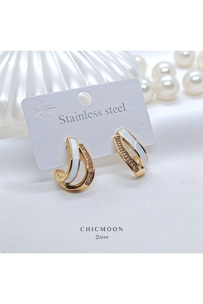 CHICMOON STORE Steel Gold Color Stone White Double Earrings