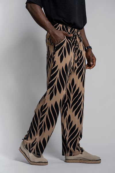 Morfine Men's Ethnic Patterned Beige Baggy Trousers with Elastic Waist
