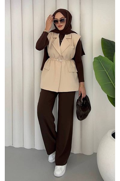 asyadabutik Women's Premium Quality Belted Oversize Blazer Vest