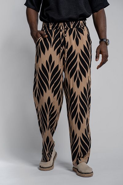 Morfine Men's Ethnic Patterned Beige Baggy Trousers with Elastic Waist
