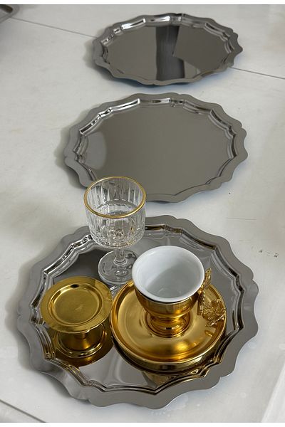 SEVA ÇELİK 3 Pcs Stainless Steel Round Wavy Model Service and Presentation Tray