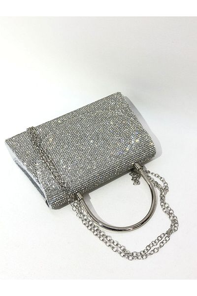 womenacs Ασημί Χρώμα Πέτρα Κομψό βραδινό φόρεμα Clutch Portfolio Chain Strap Νυχτερινή τσάντα αρραβώνων γάμου