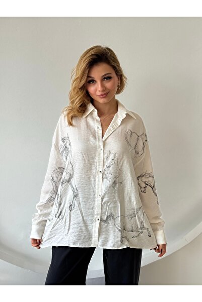 FEHUBLOOM Ecru-Black Horse Print Buttoned Shirt