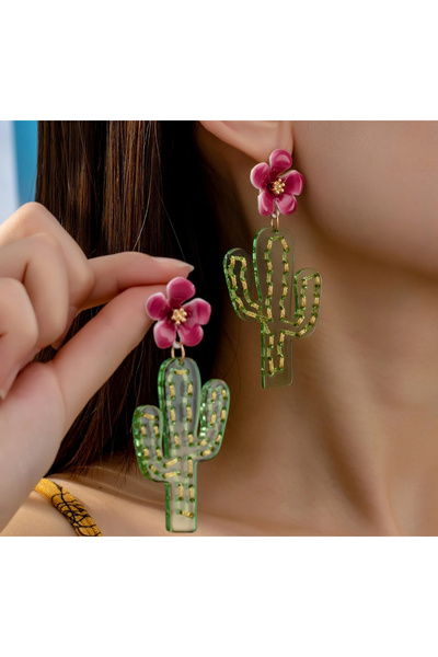 WasWink Seramik Yazlık Kaktüs Damla Küpeler - Canlı Pembe & Yeşil Renk