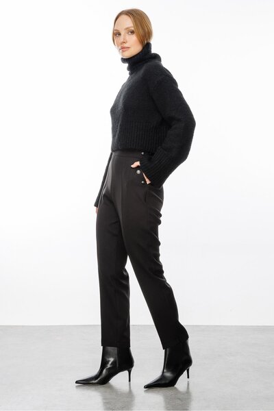 accort Düğme Detaylı Yüksek Bel Pantolon-SİYAH