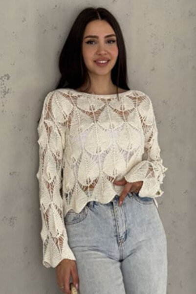 İmperlux Pulover de vară din bumbac cu mâneci spaniole, model ajurat brodat, pentru femei