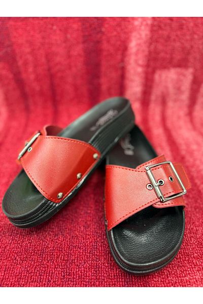 GÖNÜL Single Buckle Comfortable Stylish Daily Slippers Nubuck Red