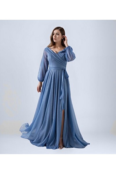 OTHERONE Kol Detaylı Kuşaklı Simli Tül Abiye Elbise