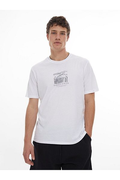 Ltb Tricou alb obișnuit cu mânecă scurtă cu decolteu