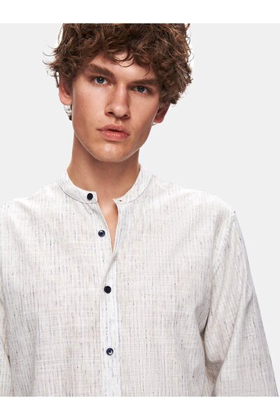 Ltb Linen Look Judge Collar Regular Long Sleeve Blue Shirt