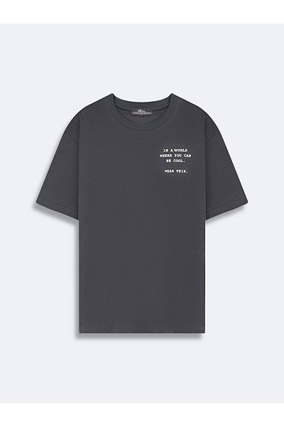 Ltb Short Sleeve Crew Neck Sıgn Printed Loose Anthracite T-Shirt