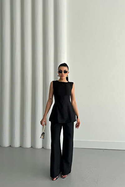 Bizcomoda Jacquard Linen Sleeveless Bluz-Pants Tk - Black