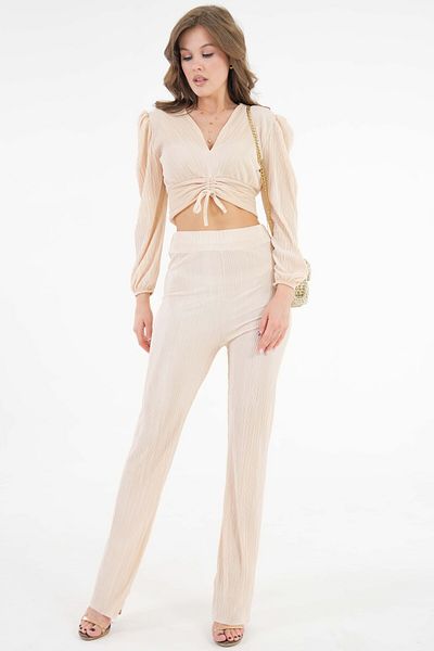 Saade Beige Pleated Fabric V-Neck Gathered Lacing and Partycore Lowwood Trimcrft Blouse Pants Jacquard