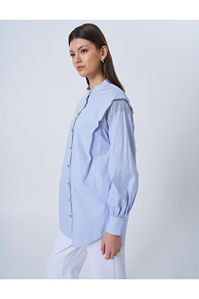 Kayra Şerit Taşlı Poplin Tunik Mavi